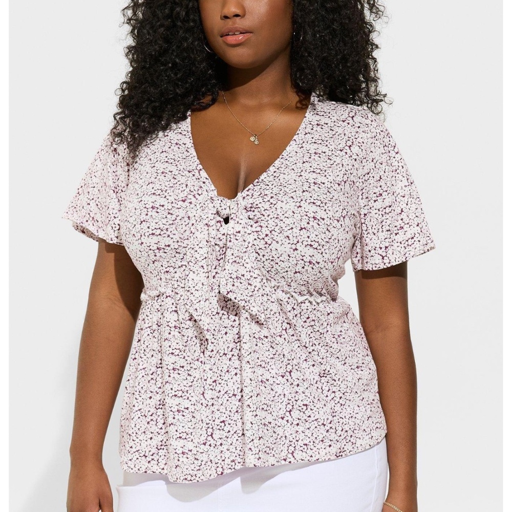 Torrid - Heritage Jersey Tie-Front Floral Flutter Sleeve Babydoll Top - 4X